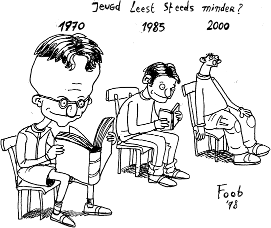A cartoon by Foob about how children read less with each generation