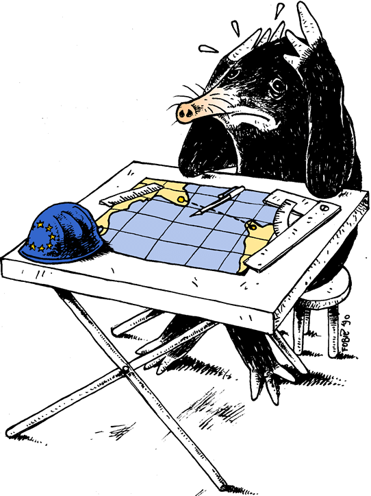An illustration about a mole working on the plans of the channel tunnel