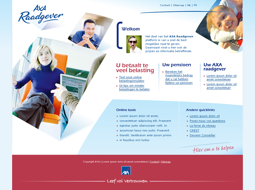 Homepage design for the website of Axa Raadgevers / Axa Conseillers